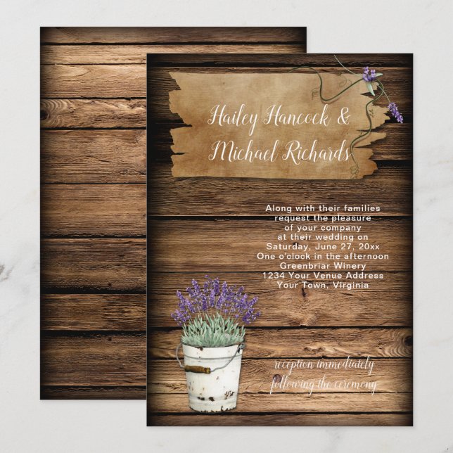 Rustic Tin Bucket Lavender Old Sign Barn Wood Invitation (Front/Back)