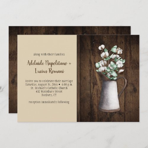 Rustic Tin Pitcher with Cotton and Eucalyptus  Invitation