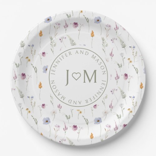 Rustic tiny flowers monogram wedding paper plates