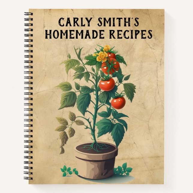 Rustic Tomato Plant, Boho Chic Customizable Recipe Notebook (Front)