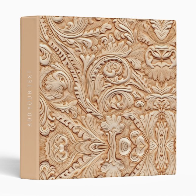 Rustic tooled leather beige 3 ring binder (Front/Spine)