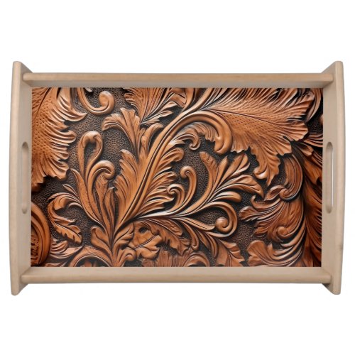 Rustic tooled leather floral serving tray