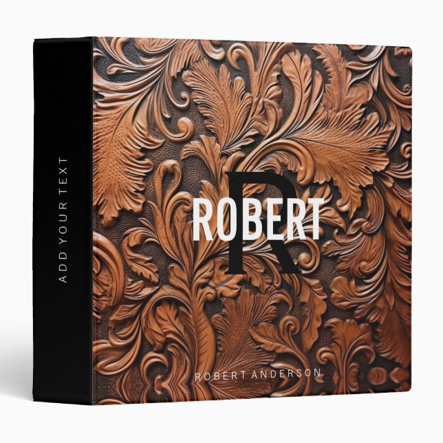 Rustic tooled leather monogram name 3 ring binder (Front/Spine)