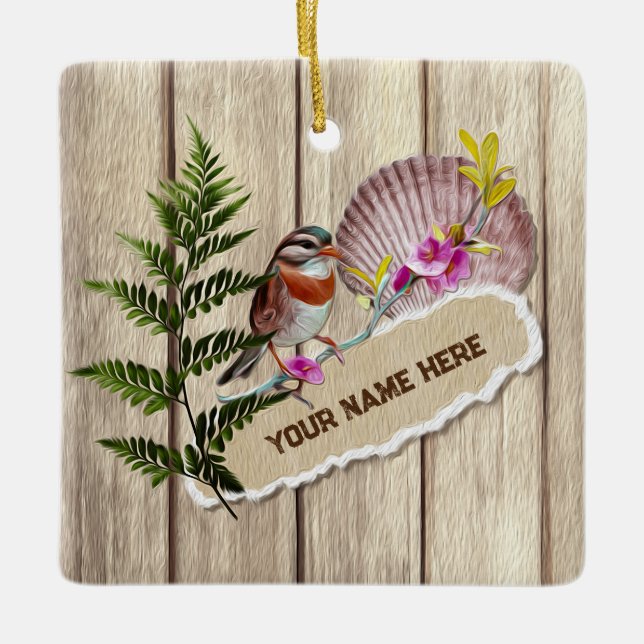 Rustic Torn Paper Wood Oil Paint Personalize Name Ceramic Ornament (Front)