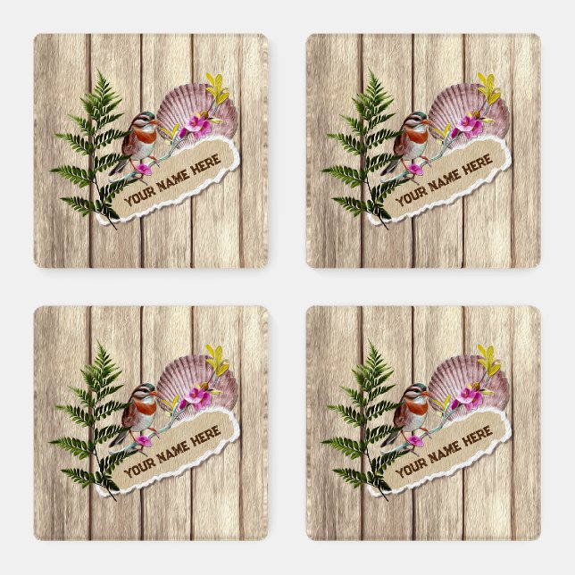 Rustic Torn Paper Wood Oil Paint Personalize Name Coaster Set (Set)