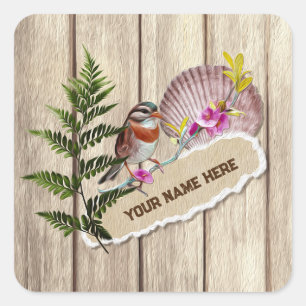 Rustic Torn Paper Wood Oil Paint Personalize Name Square Sticker