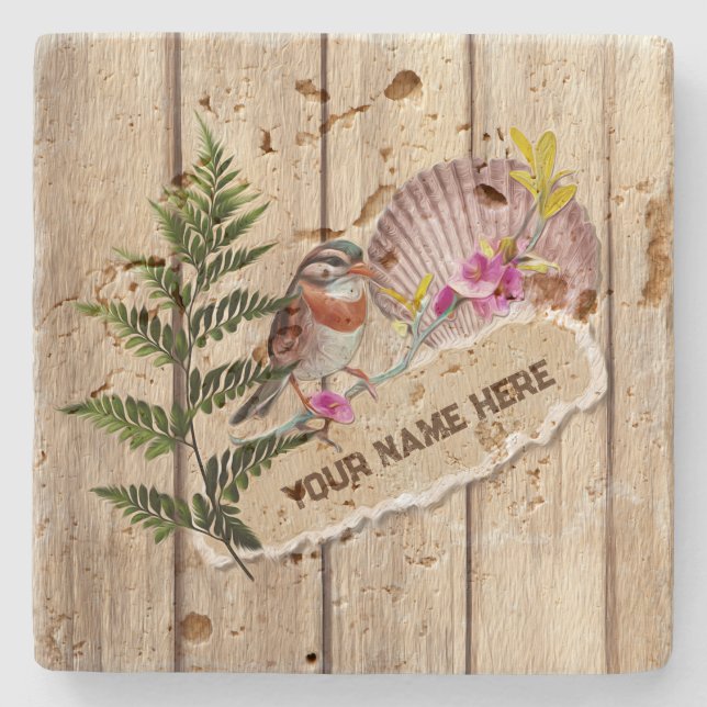 Rustic Torn Paper Wood Oil Paint Personalize Name Stone Coaster (Front)