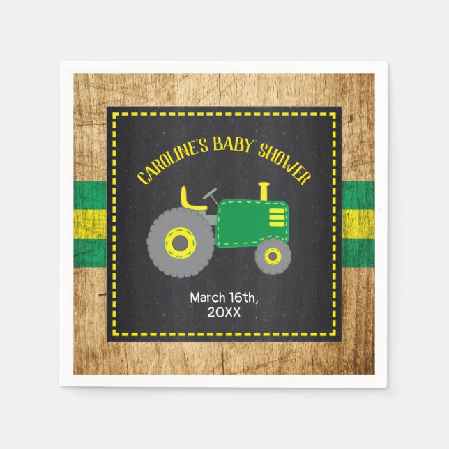 Rustic Tractor Baby Shower Green and Yellow Napkins (Front)