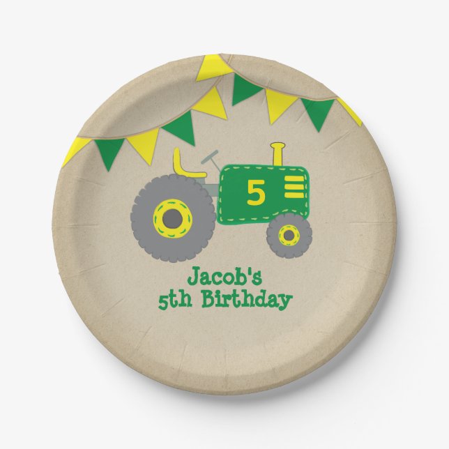 Rustic Tractor Baby Shower Green and Yellow Paper Plates (Front)