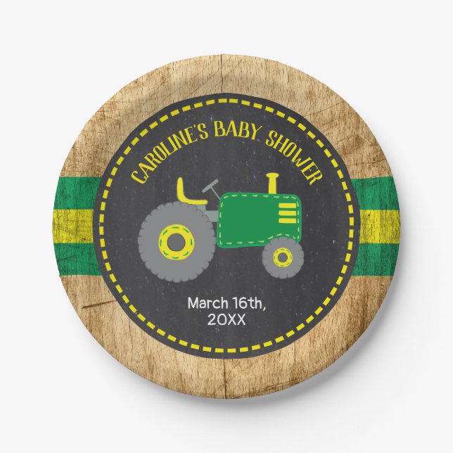 Rustic Tractor Baby Shower Green and Yellow Paper Plates (Front)