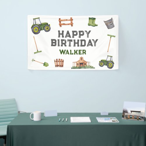 Rustic Tractor Farm Green Boy Happy Birthday  Banner