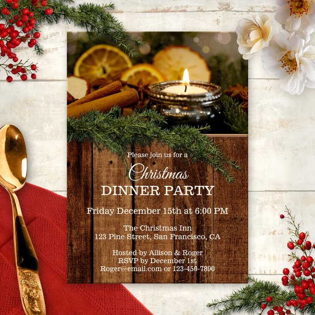 Rustic Traditional Christmas Dinner Party Invite (A festive Holiday party invitation featuring a warm glowing cup light with cinnamon on rustic wood)