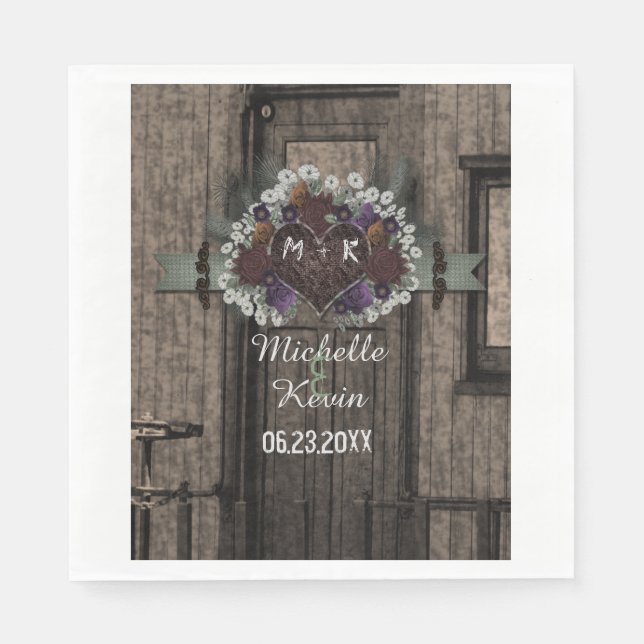 Rustic Train Fall Floral Wedding Monogram Napkins (Front)