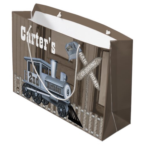 Rustic Train Railroad Crossing 2nd Birthday Party Large Gift Bag