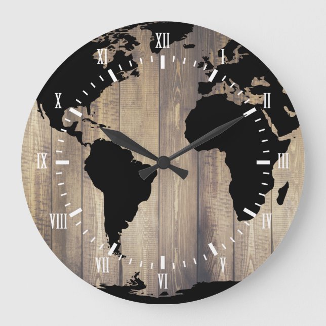 Rustic Traveler Black World Map Wooden Planks Large Clock (Front)