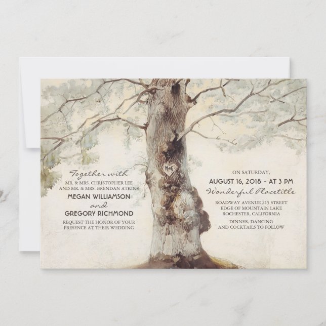 Rustic Tree and Carved Heart Wedding Invitations (Front)