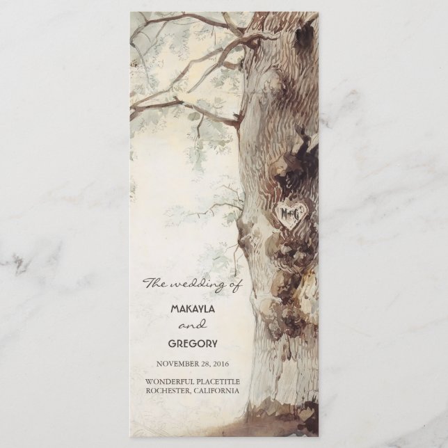 rustic tree and carved heart wedding programs (Front)