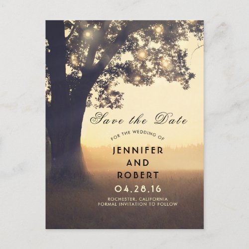 Rustic Tree and Lights Summer Fields Save the Date Announcement Postcard - Dreamy summer evening and old tree lights save the date postcards