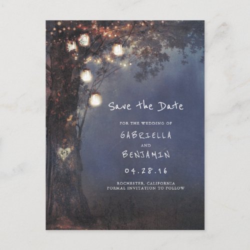 Rustic Tree and Mason Jar Lights Save the Date Announcement Postcard - Old tree, carved wood heart, and mason jar lights rustic save the date postcards