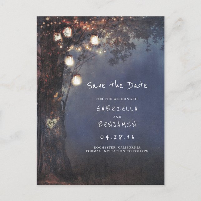 Rustic Tree and Mason Jar Lights Save the Date Announcement Postcard (Front)