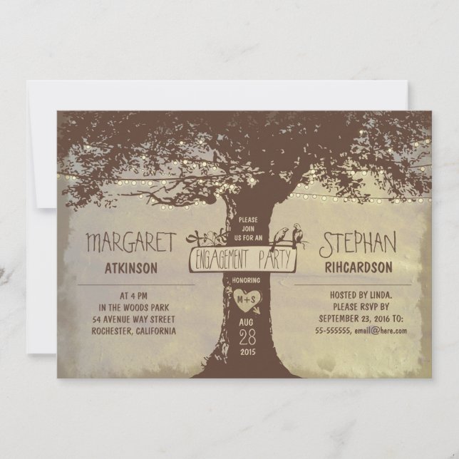 rustic tree and string lights engagement party invitation (Front)