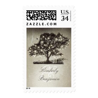 Rustic Tree and String Lights Rural Wedding Postage Stamps