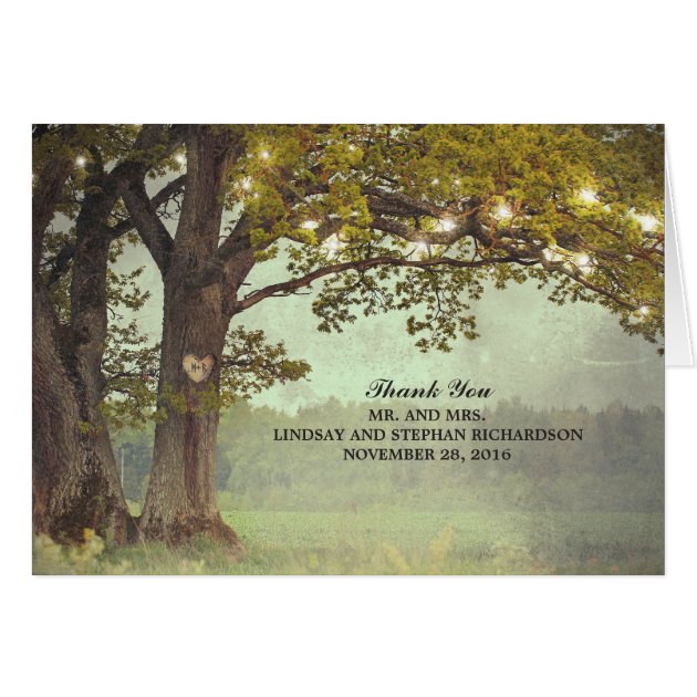 Rustic Tree And String Lights Wedding Thank You Card