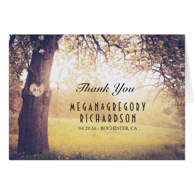 Rustic Tree And Wood Heart Wedding Thank You Card