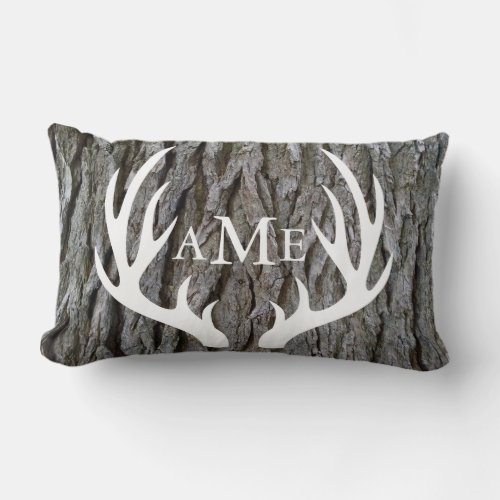 Rustic Tree Bark Country Deer Antlers Personalized Lumbar Pillow
