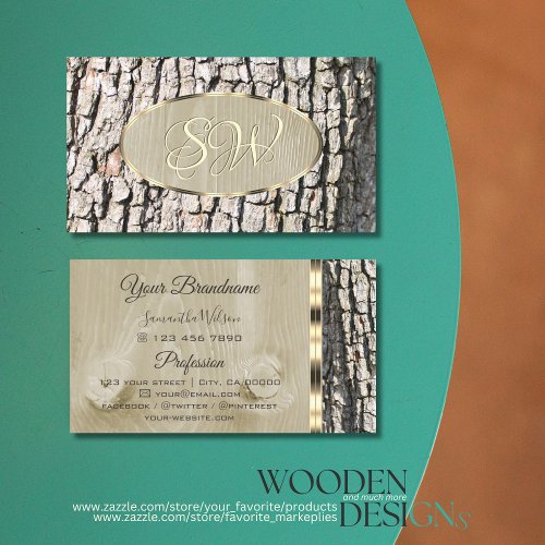Rustic Tree Bark Grain Oval Gold Border Initials Business Card