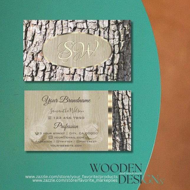 Rustic Tree Bark Grain Oval Gold Border Initials Business Card (Creator Uploaded)