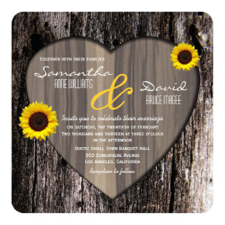 Rustic Tree Bark Heart and Sunflower Wedding Invitation