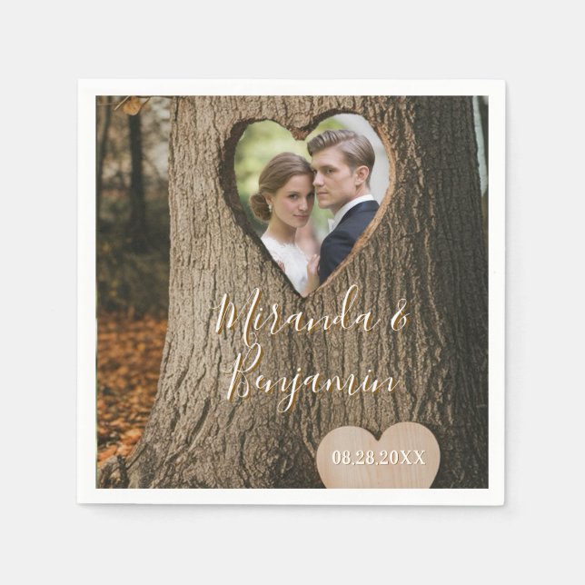 Rustic Tree Bark Heart Photo Wedding Napkins (Front)