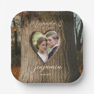 Rustic Tree Bark Heart Photo Wedding Paper Plates