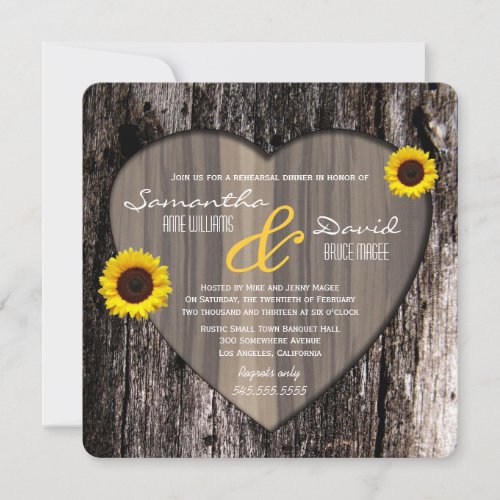 Rustic Tree Bark Heart Sunflower Rehearsal Dinner Invitation