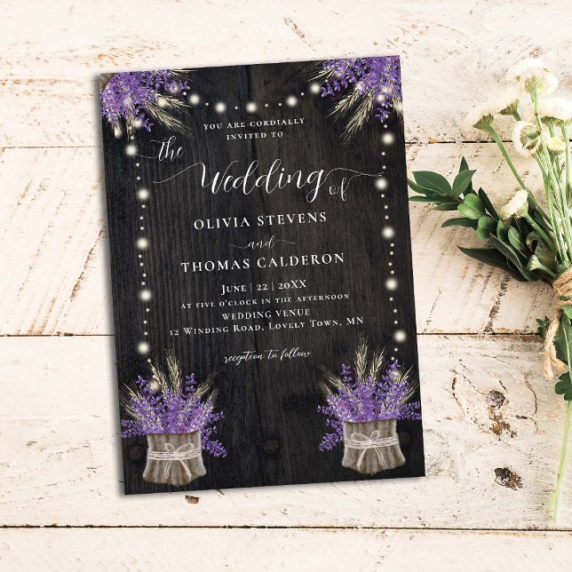 Rustic Tree Bark Lavender Wheat Lights Wedding Invitation (Creator Uploaded)