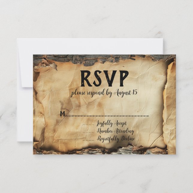 Rustic Tree Bark Parchment Paper Wedding RSVP Invitation (Front)