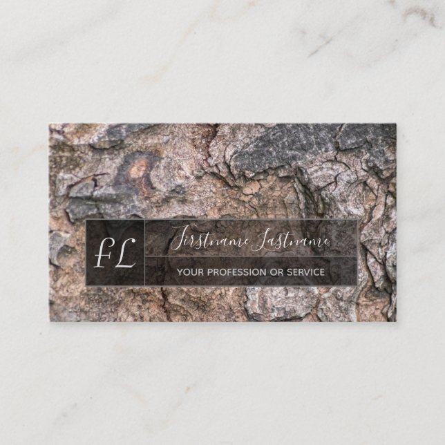 Rustic tree bark surface gray rectangle monogram business card (Front)
