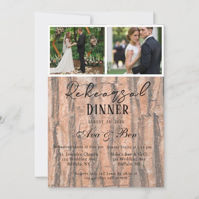 Rustic Tree Bark Wedding Photo Rehearsal Dinner Invitation (Front)