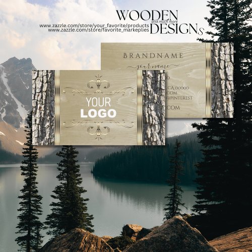 Rustic Tree Bark Wood Grain Gold Ornate and Logo Business Card