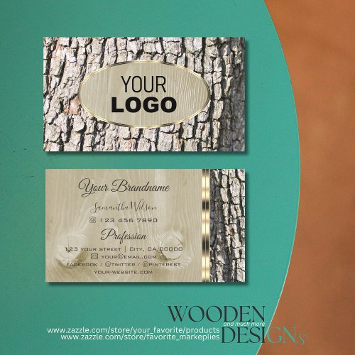 Rustic Tree Bark Wood Grain Oval Gold Border Logo Business Card