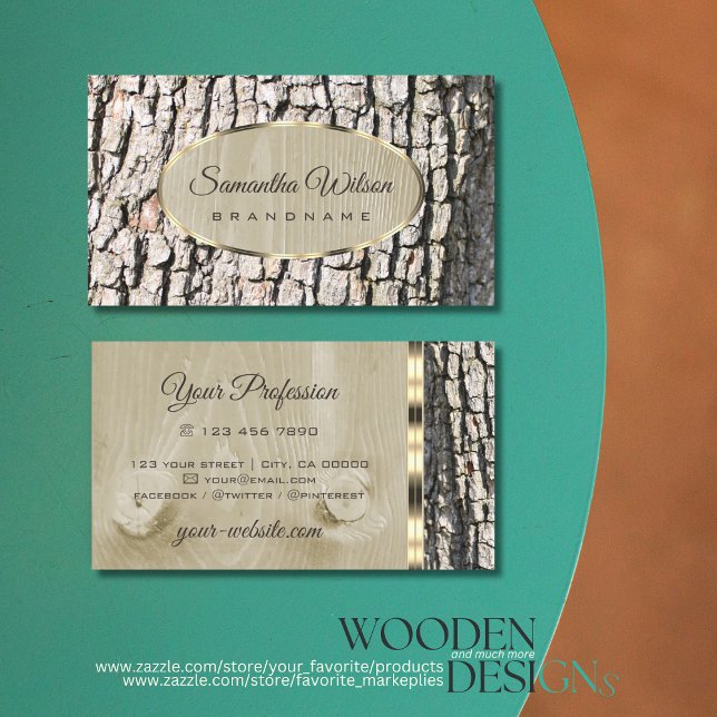Rustic Tree Bark Wood Grain with Oval Gold Border Business Card (Creator Uploaded)