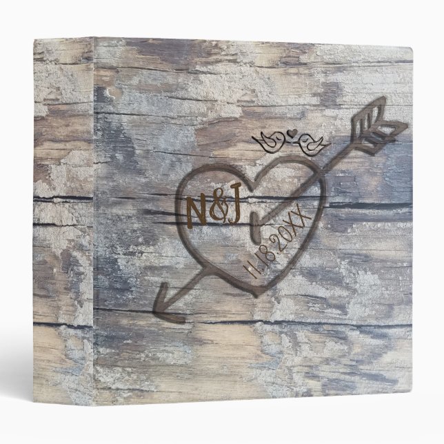 Rustic Tree Bark Wood Love Birds & Carved Heart 3 Ring Binder (Front/Spine)