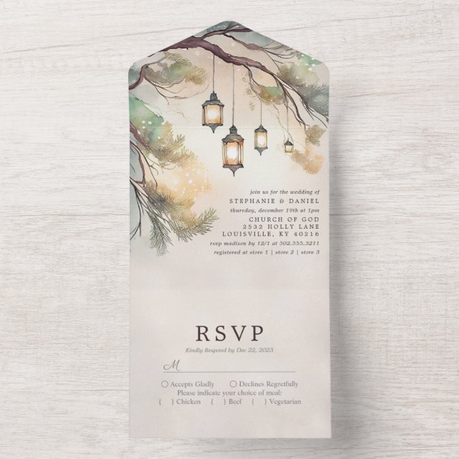 Rustic Tree Botanical Lantern Lights Wedding All In One Invitation (Inside)