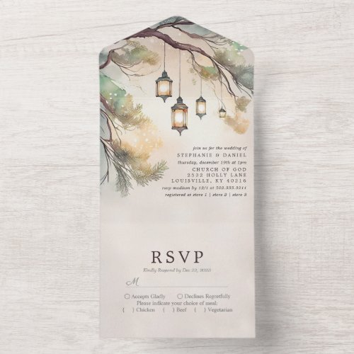 Rustic Tree Botanical Lantern Lights Wedding All In One Invitation