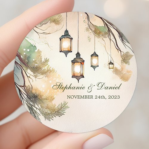 Rustic Tree Botanical Lantern Lights Wedding Classic Round Sticker