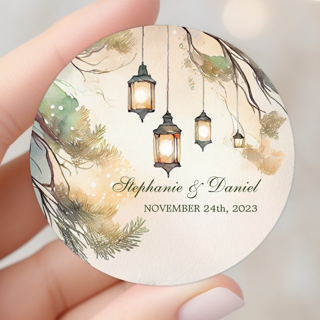Rustic Tree Botanical Lantern Lights Wedding Classic Round Sticker (Creator Uploaded)