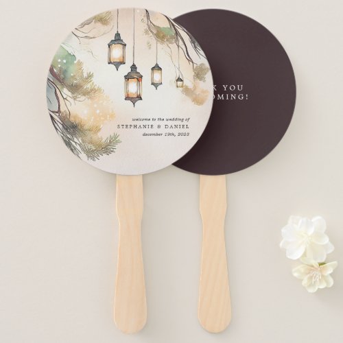 Rustic Tree Botanical Lantern Lights Wedding Hand  Hand Fan