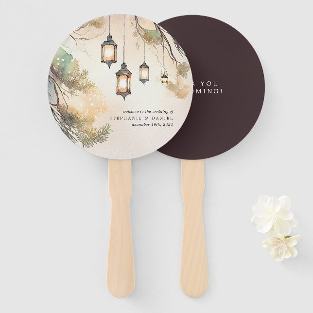 Rustic Tree Botanical Lantern Lights Wedding Hand  Hand Fan (Front and Back)