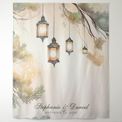 Rustic Tree Botanical Lantern Lights Wedding Photo Tapestry